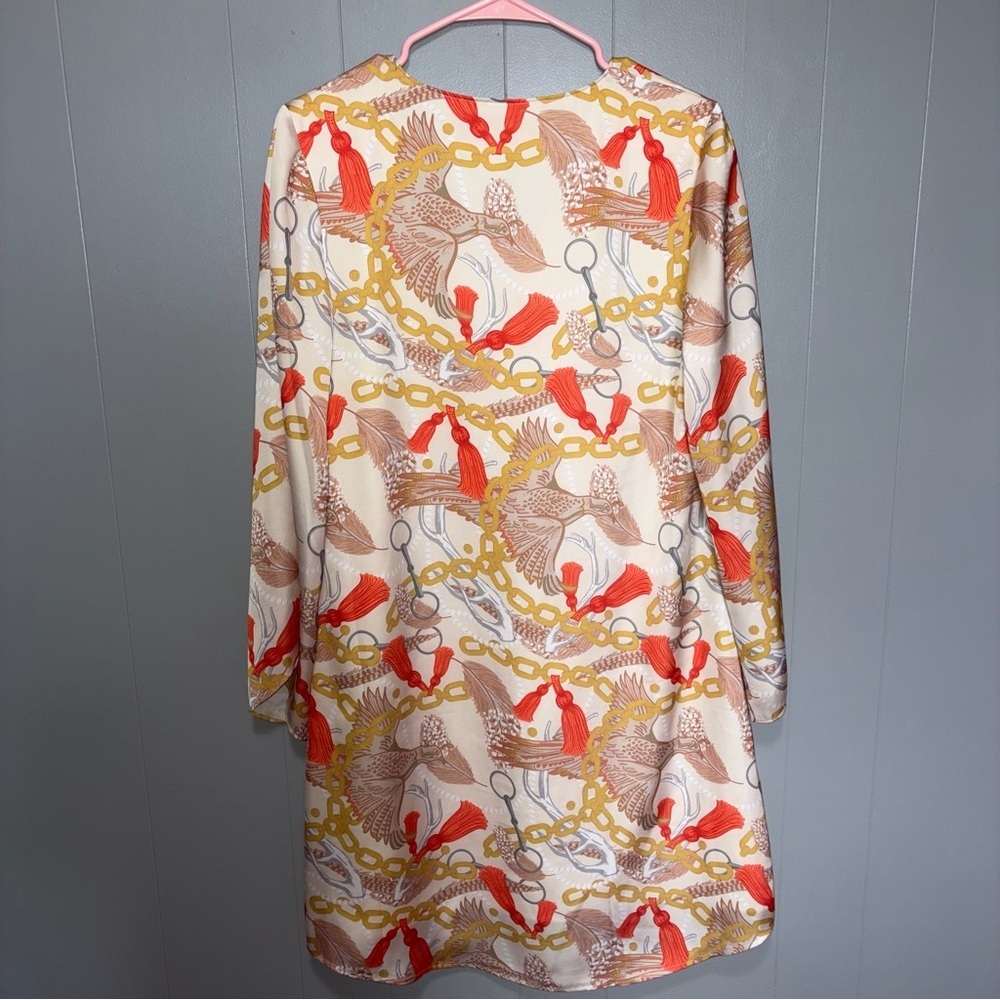 Emily McCarthy Long Sleeve Orange and Gold Chain Print Dress Small - Picture 5 of 5
